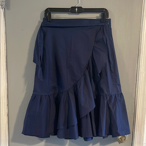 LOFT Dresses & Skirts - LOFT Blue Midi Wrap Skirt with Asymmetrical Ruffles